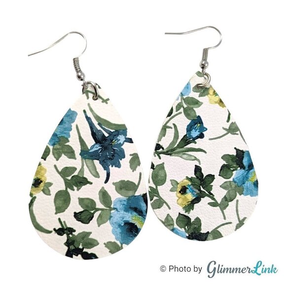 Faux Leather Teardrop Shaped Dangle Earrings Pink, Red and Floral Blue Set of 3 - Picture 2 of 9